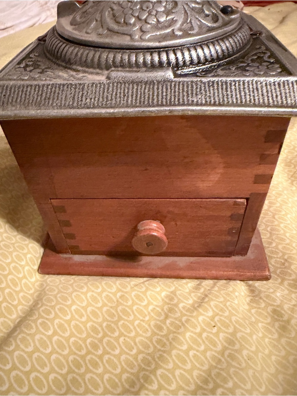 Vintage Wood Coffee Grinder with Embossed Metal Top - Brown & Silver